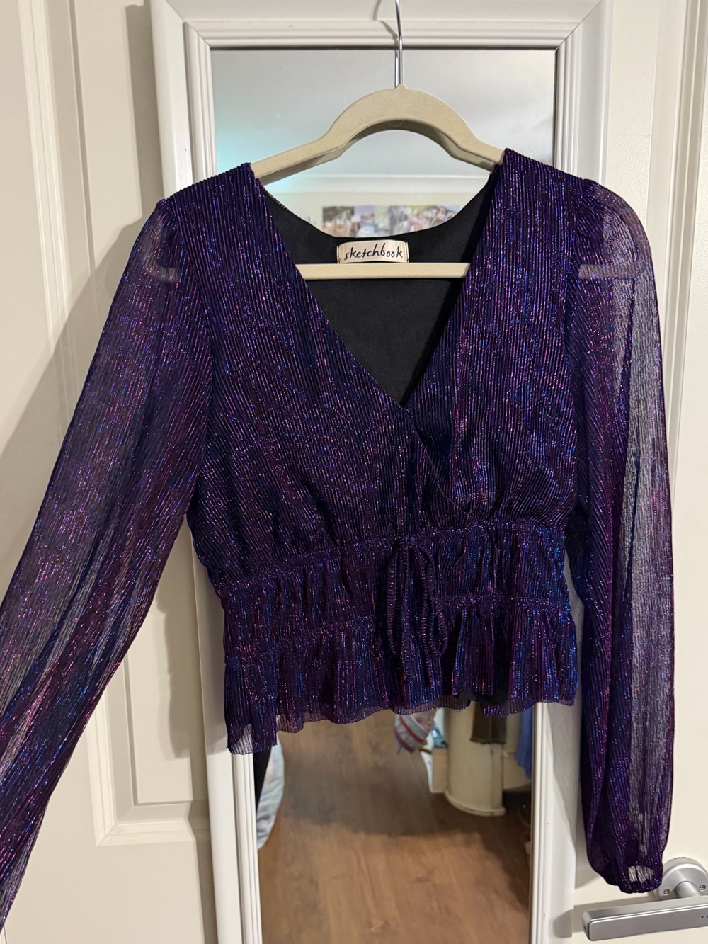 Purple Metallic Wrap Blouse with Sheer Long Sleeves